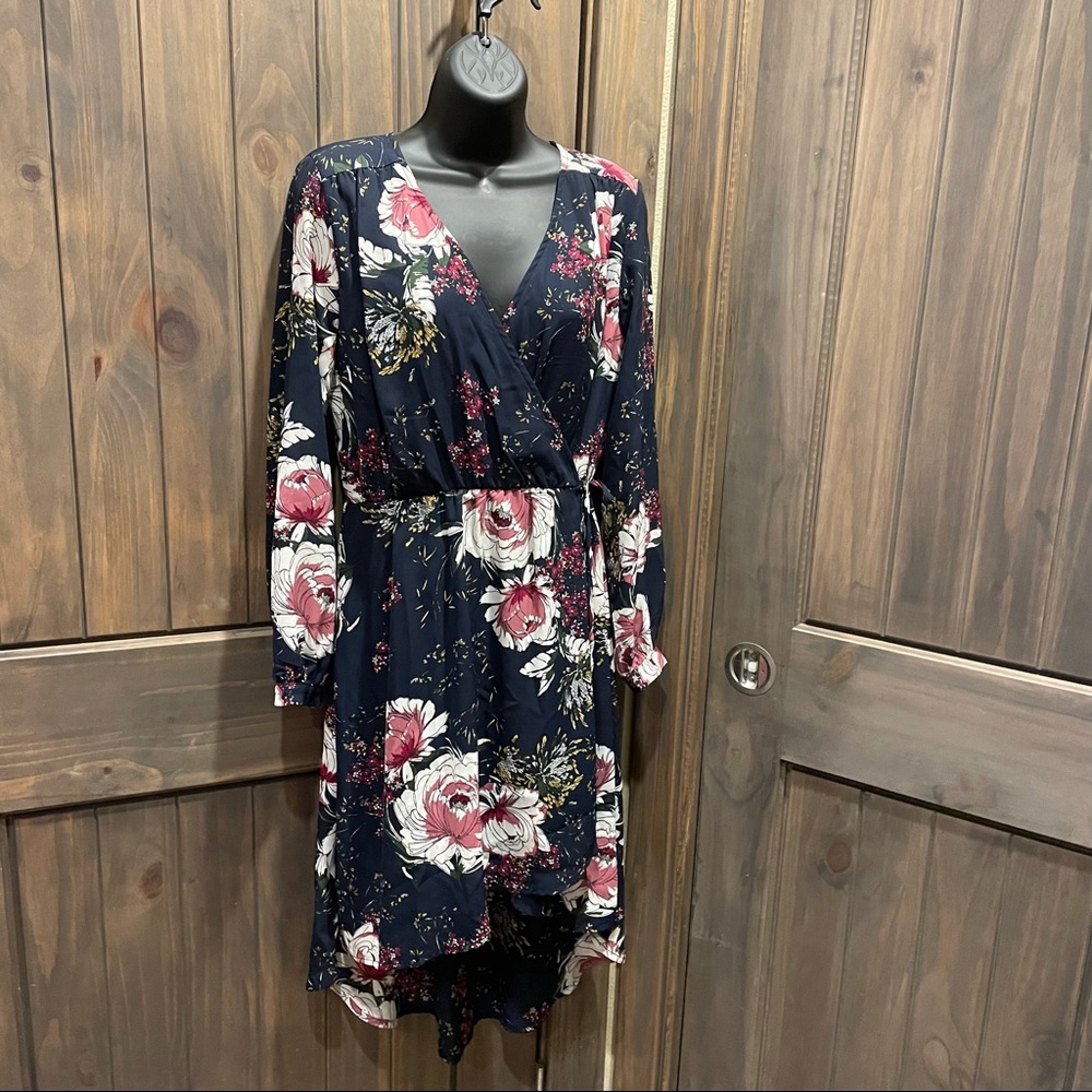 Floral print high-low faux-wrap dress